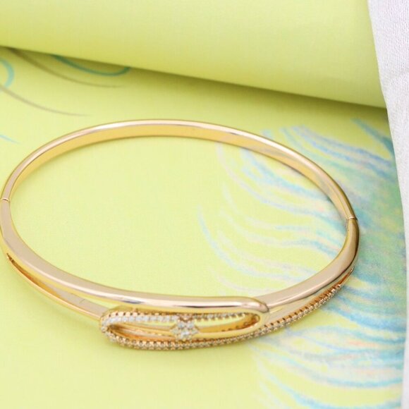 Rose Gold Bangle with Oval Loop and Center Flower Stone Accent, XPBL0546 - Picture 5 of 12